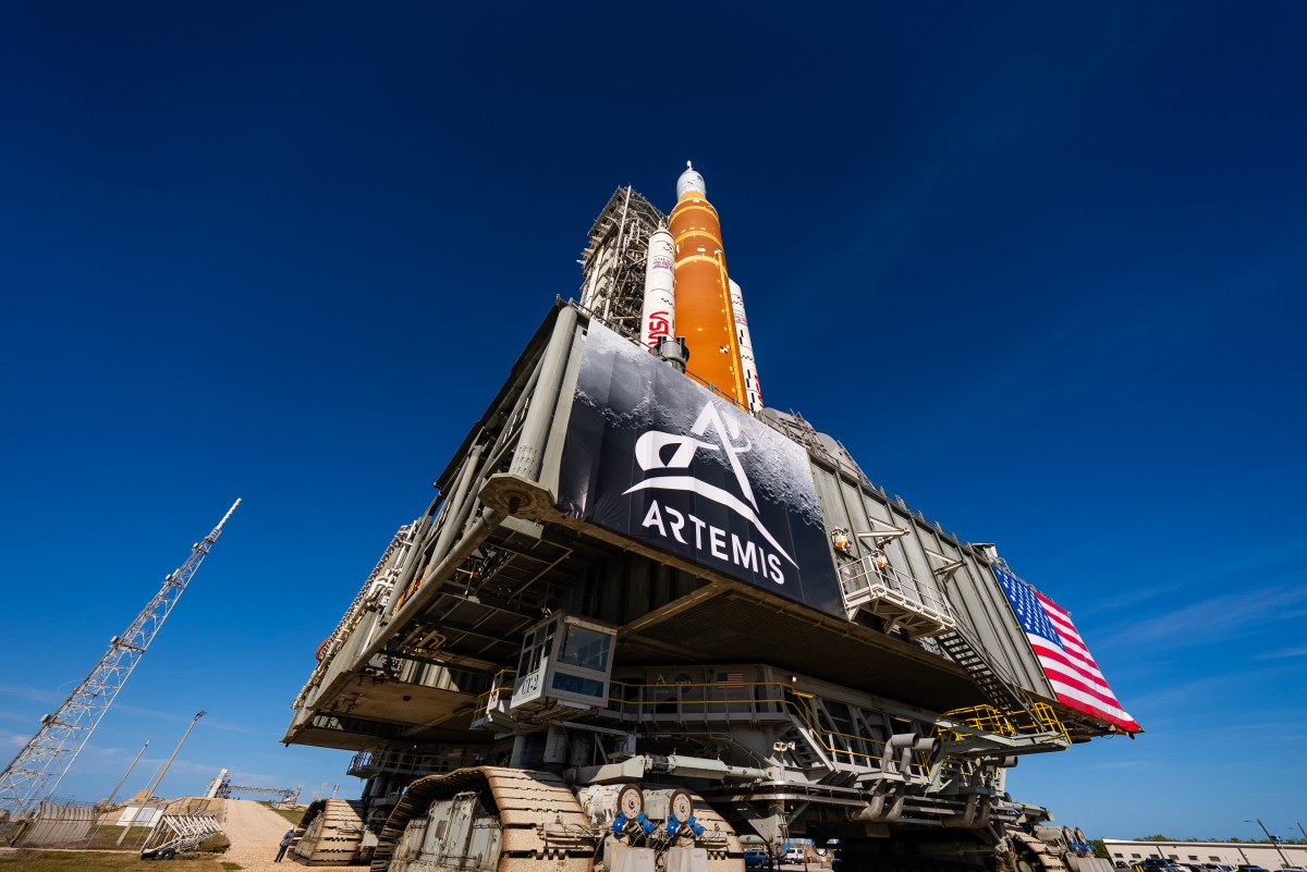NASA's Space Launch System rocket and Orion spacecraft on Launch Pad 39B at Kennedy Space Center for the Artemis II mission